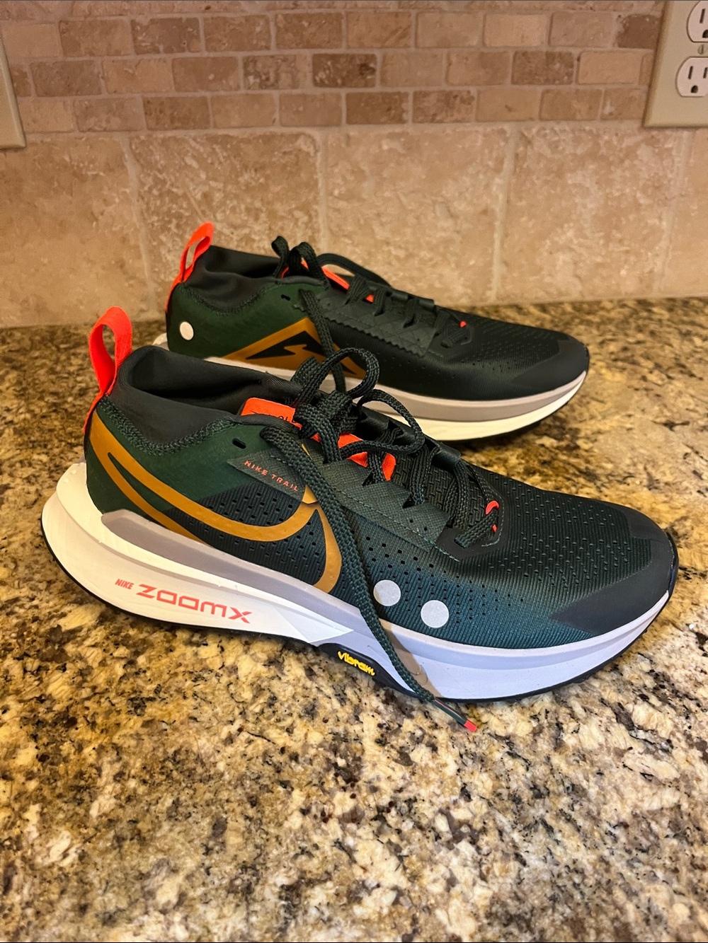 Nike Men’s Dark Green & Gold ZoomX Running Shoes with Orange Accents